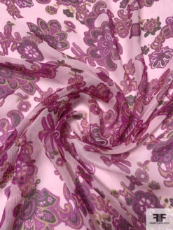 Paisley Floral Printed Slightly Crinkled Silk Chiffon - Magenta / Pale Pink / Yellow Ochre