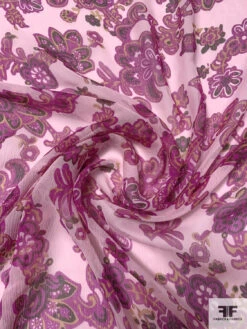 Paisley Floral Printed Slightly Crinkled Silk Chiffon - Magenta / Pale Pink / Yellow Ochre -Fabrics And Fabrics Store 15680 2