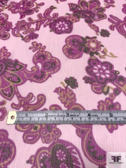 Paisley Floral Printed Slightly Crinkled Silk Chiffon - Magenta / Pale Pink / Yellow Ochre -Fabrics And Fabrics Store 15680 6