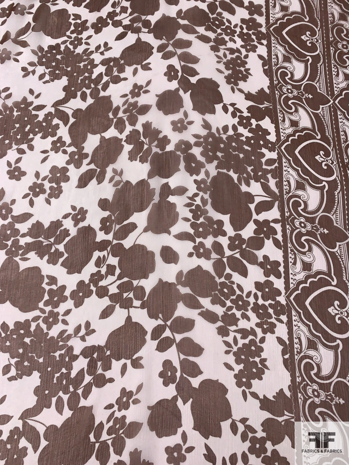 Floral Silhouette And Border Pattern Printed Slightly Crinkled Silk Chiffon - Brown / Off-White 8 Floral Silhouette And Border Pattern Printed Slightly Crinkled Silk Chiffon - Brown / Off-White - Image 6