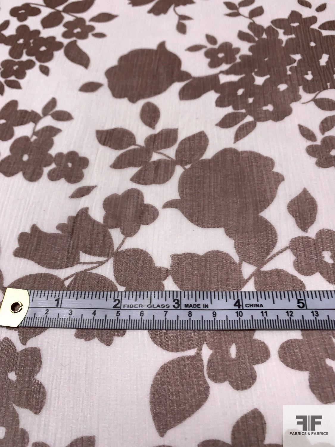 Floral Silhouette And Border Pattern Printed Slightly Crinkled Silk Chiffon - Brown / Off-White 10 Floral Silhouette And Border Pattern Printed Slightly Crinkled Silk Chiffon - Brown / Off-White - Image 8