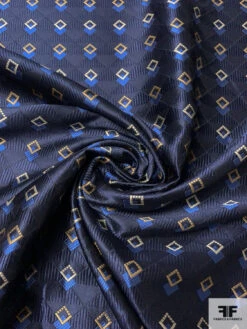 Art Deco Geometric Silk Necktie Jacquard Brocade - Navy / Blue / Turmeric / Champagne