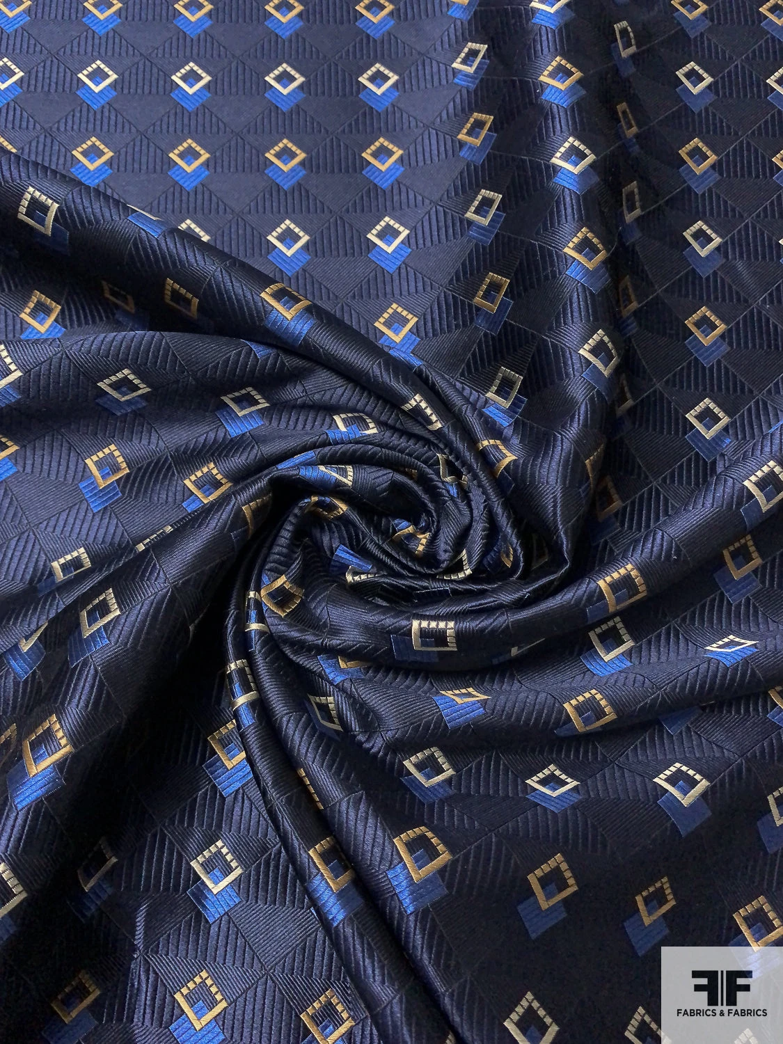 Art Deco Geometric Silk Necktie Jacquard Brocade - Navy / Blue / Turmeric / Champagne 3 Art Deco Geometric Silk Necktie Jacquard Brocade - Navy / Blue / Turmeric / Champagne
