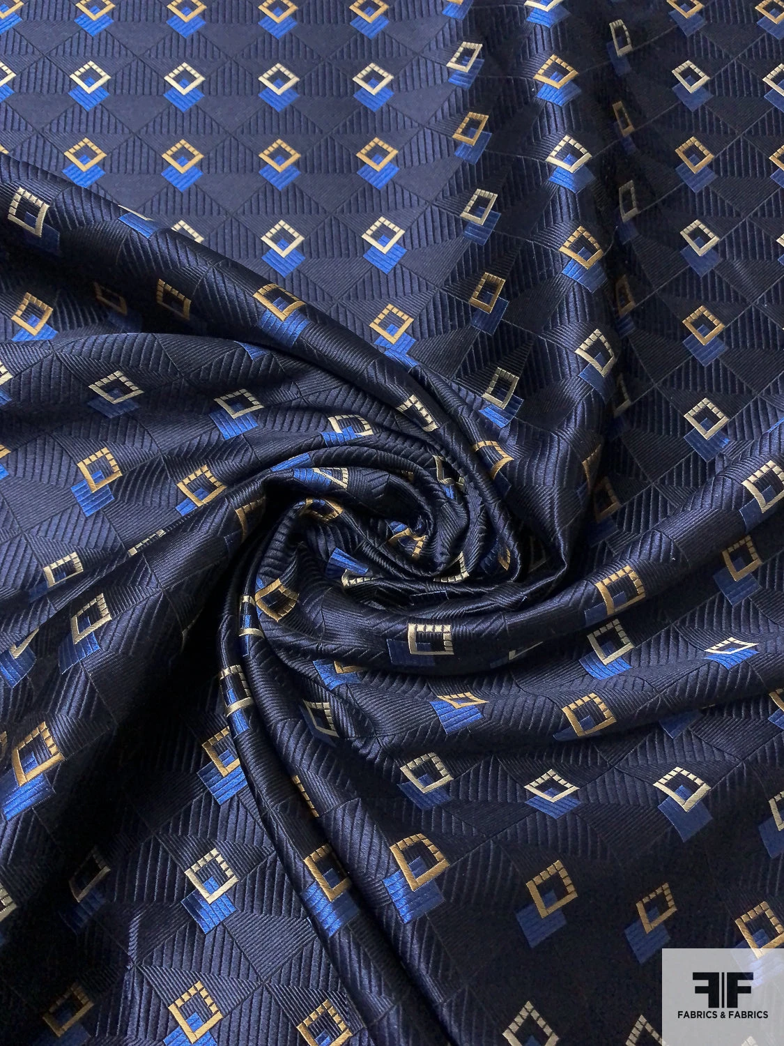 Art Deco Geometric Silk Necktie Jacquard Brocade - Navy / Blue / Turmeric / Champagne 5 Art Deco Geometric Silk Necktie Jacquard Brocade - Navy / Blue / Turmeric / Champagne - Image 3