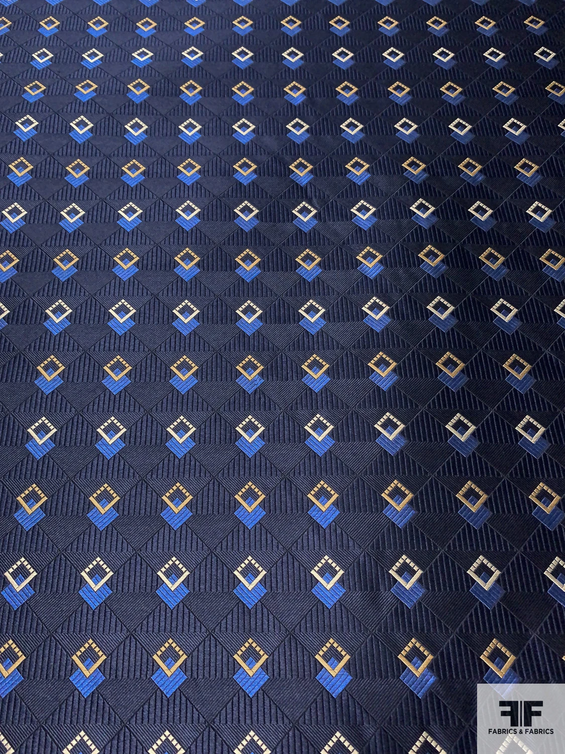 Art Deco Geometric Silk Necktie Jacquard Brocade - Navy / Blue / Turmeric / Champagne 7 Art Deco Geometric Silk Necktie Jacquard Brocade - Navy / Blue / Turmeric / Champagne - Image 5