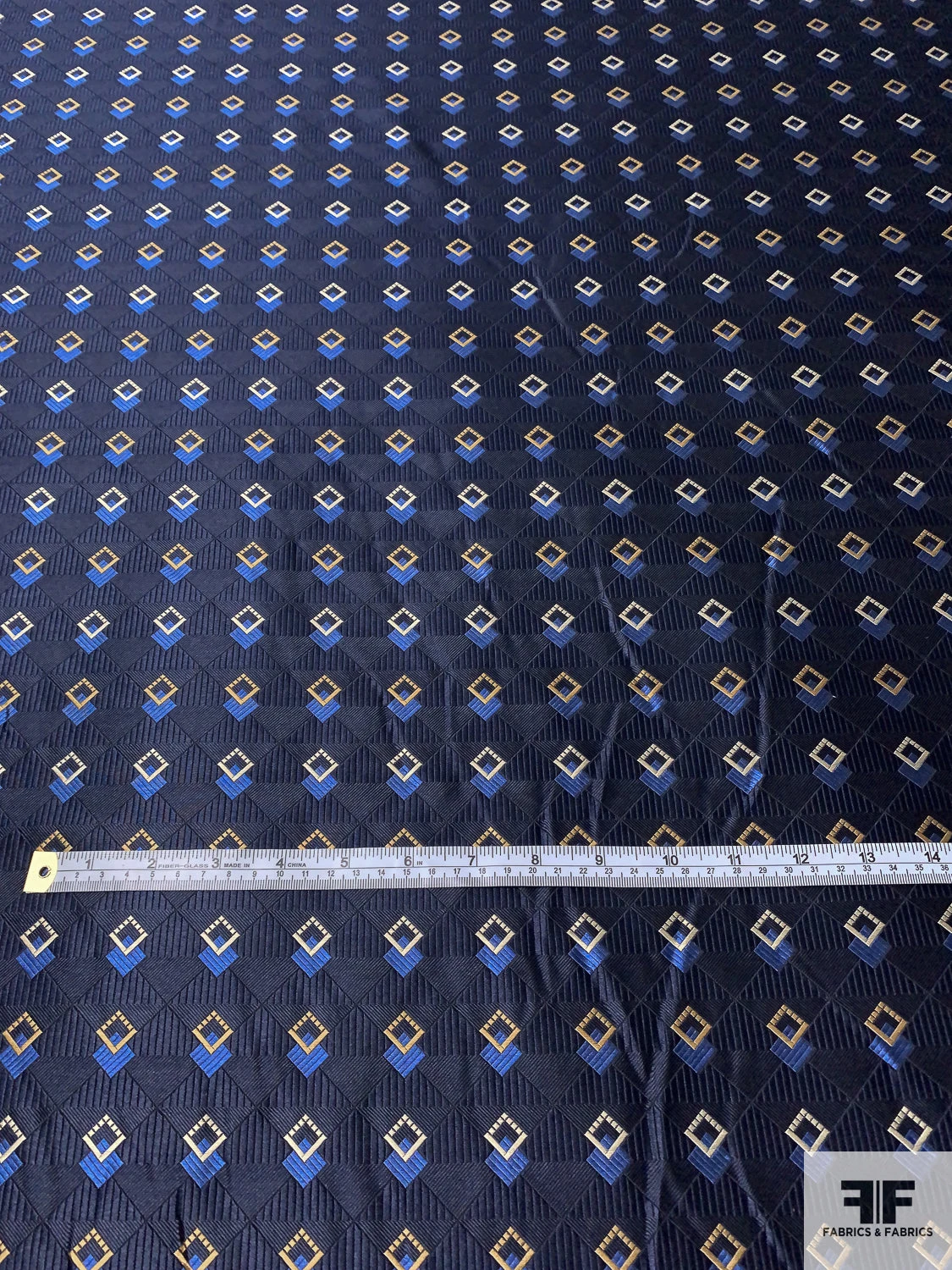 Art Deco Geometric Silk Necktie Jacquard Brocade - Navy / Blue / Turmeric / Champagne 8 Art Deco Geometric Silk Necktie Jacquard Brocade - Navy / Blue / Turmeric / Champagne - Image 6