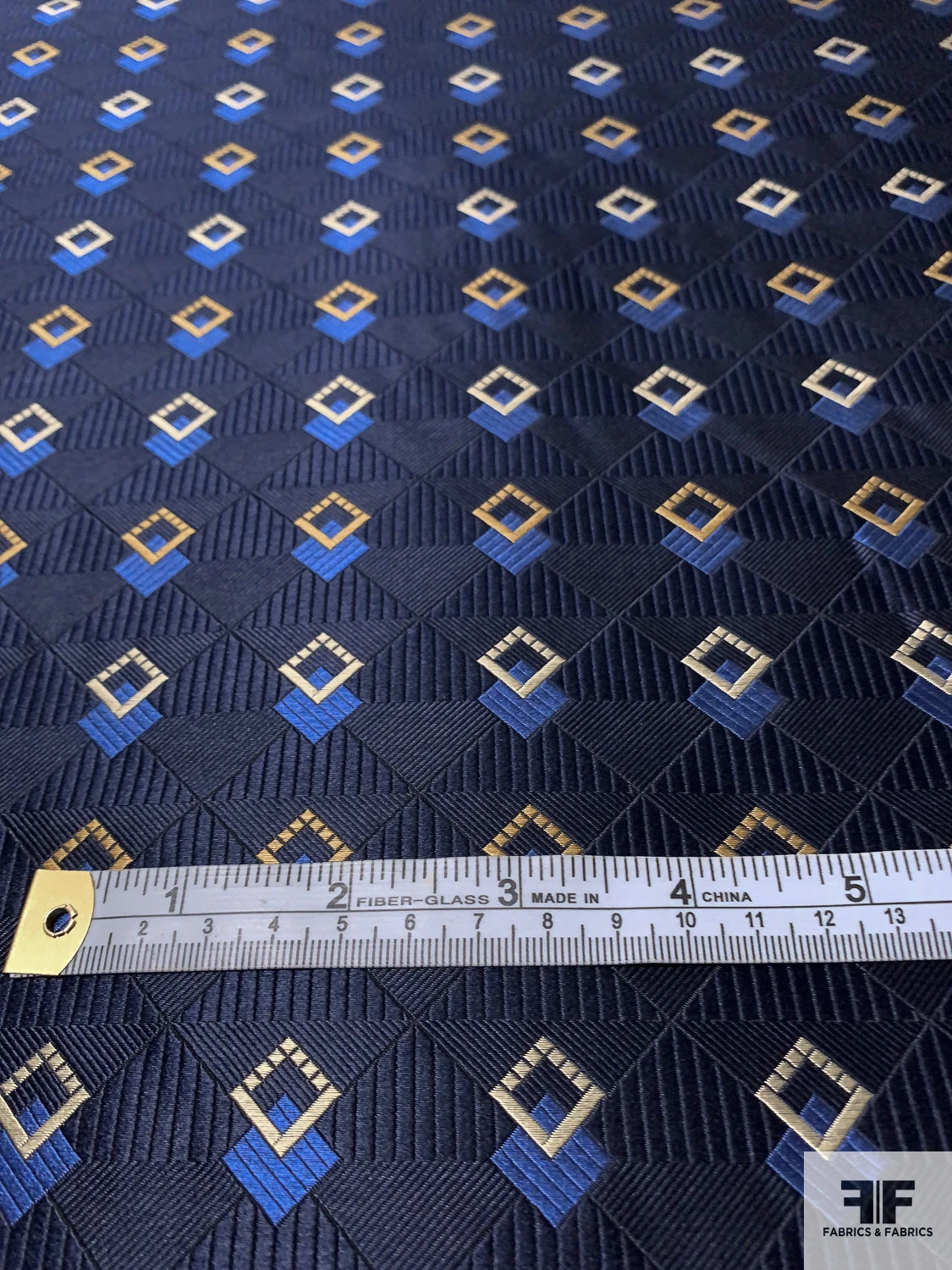 Art Deco Geometric Silk Necktie Jacquard Brocade - Navy / Blue / Turmeric / Champagne 9 Art Deco Geometric Silk Necktie Jacquard Brocade - Navy / Blue / Turmeric / Champagne - Image 7