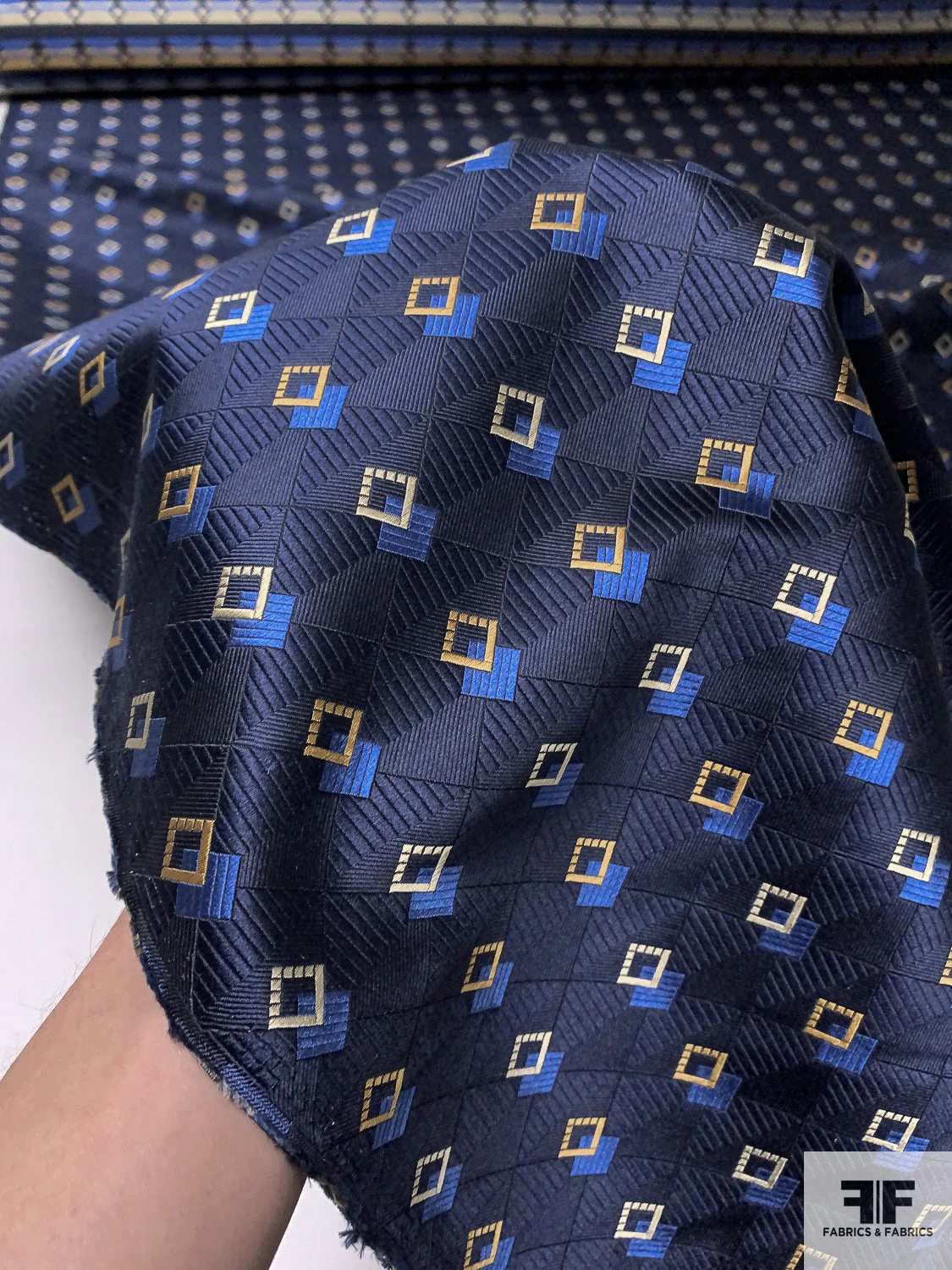 Art Deco Geometric Silk Necktie Jacquard Brocade - Navy / Blue / Turmeric / Champagne 4 Art Deco Geometric Silk Necktie Jacquard Brocade - Navy / Blue / Turmeric / Champagne - Image 2