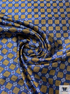 Ornate Grid Silk Necktie Jacquard Brocade - Navy / Golden-Turmeric / Sky Blue / Red