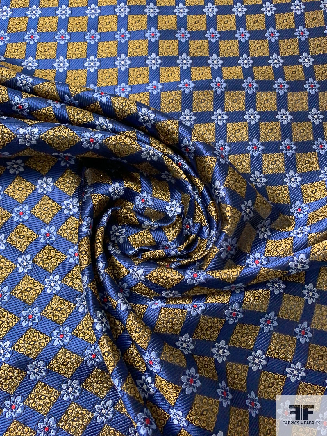 Ornate Grid Silk Necktie Jacquard Brocade - Navy / Golden-Turmeric / Sky Blue / Red 3 Ornate Grid Silk Necktie Jacquard Brocade - Navy / Golden-Turmeric / Sky Blue / Red