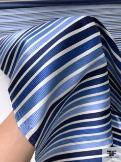 Horizontal Striped Silk Necktie Jacquard Brocade - Navy / Blues / Off-White