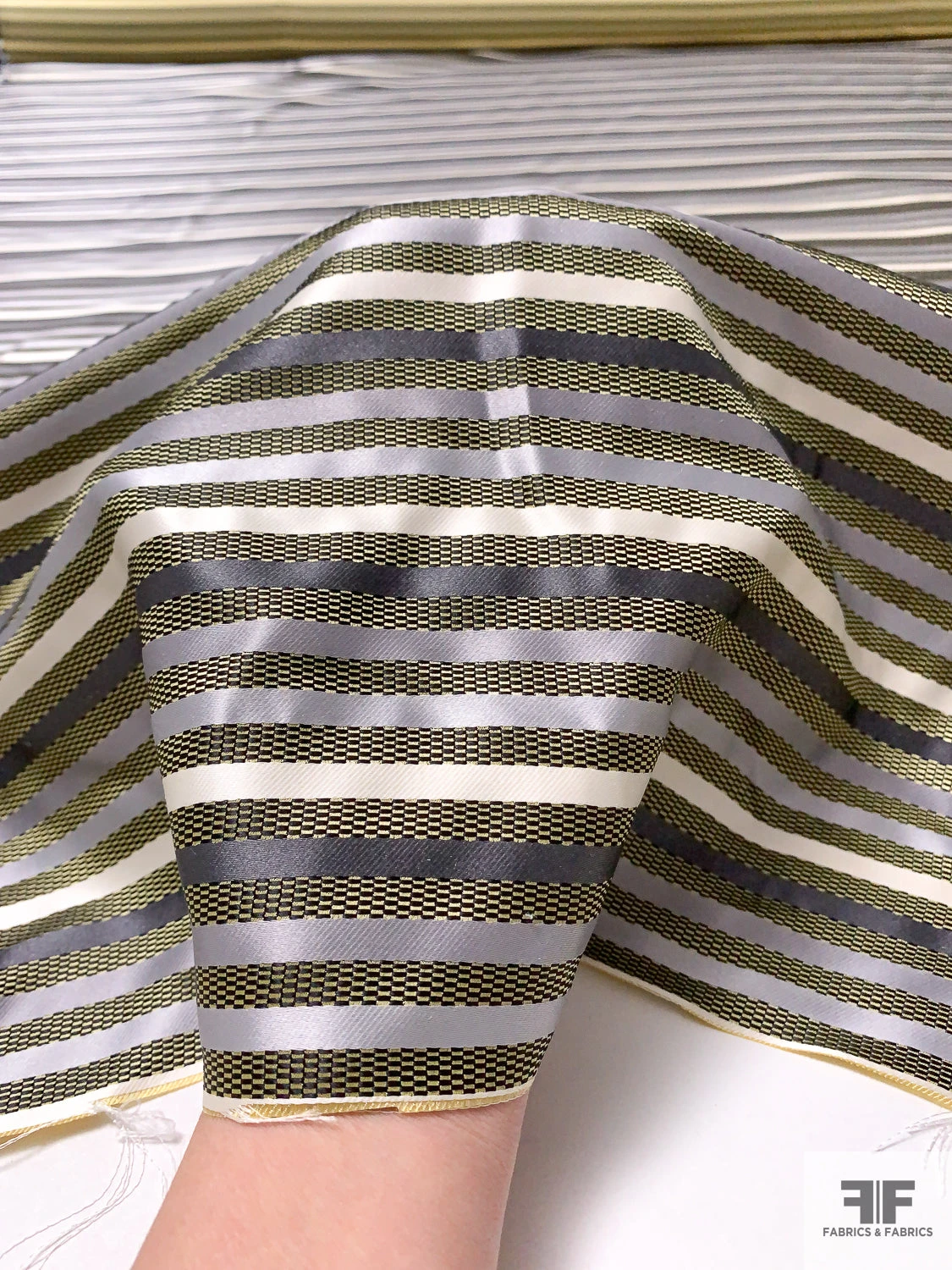 Horizontal Striped Silk Necktie Jacquard Brocade - Greys / Light Olive / Black 10 Horizontal Striped Silk Necktie Jacquard Brocade - Greys / Light Olive / Black - Image 8