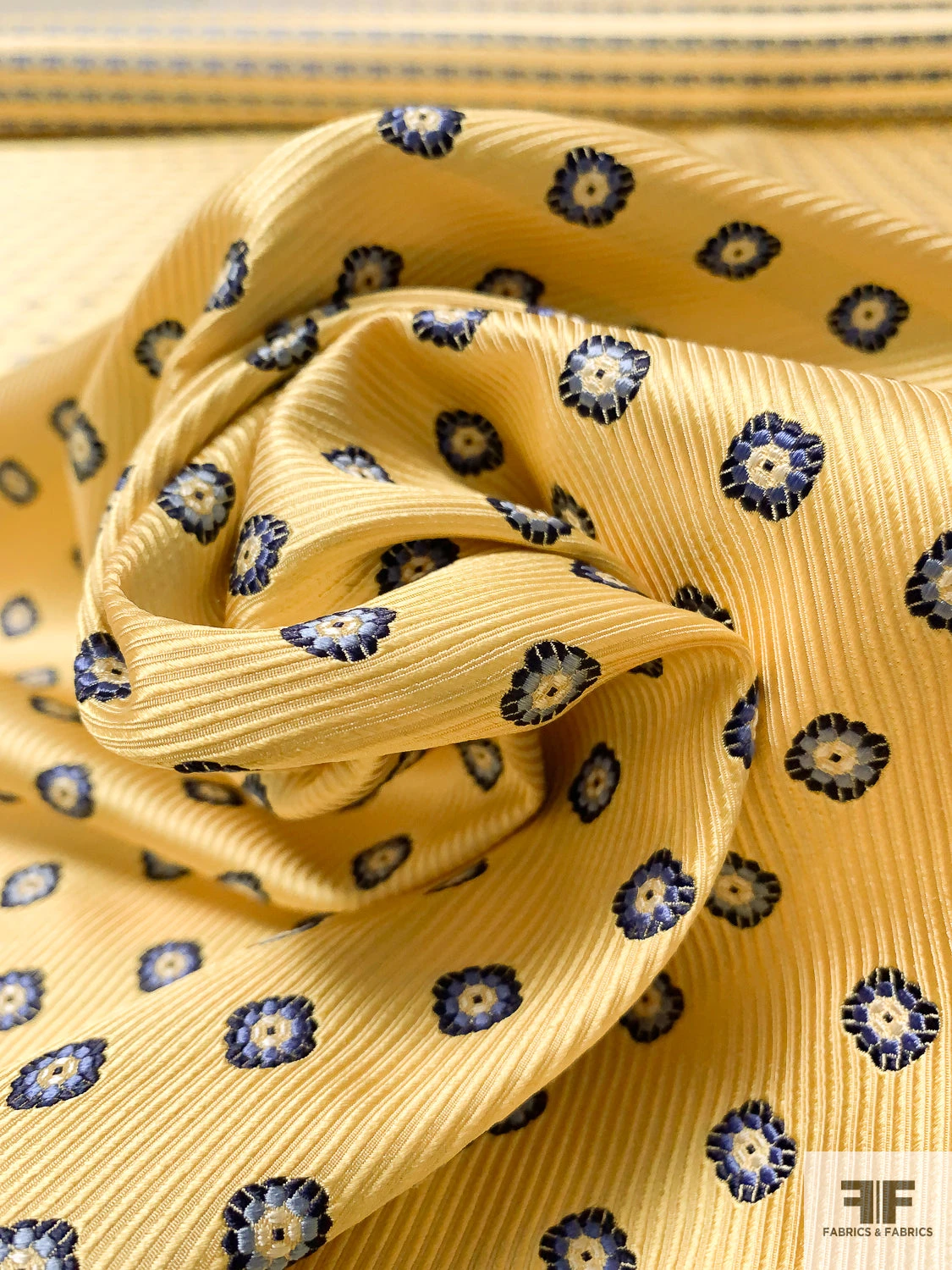 Small Floral Grid Silk Necktie Jacquard Brocade - Yellow / Navy / Blue 5 Small Floral Grid Silk Necktie Jacquard Brocade - Yellow / Navy / Blue - Image 3