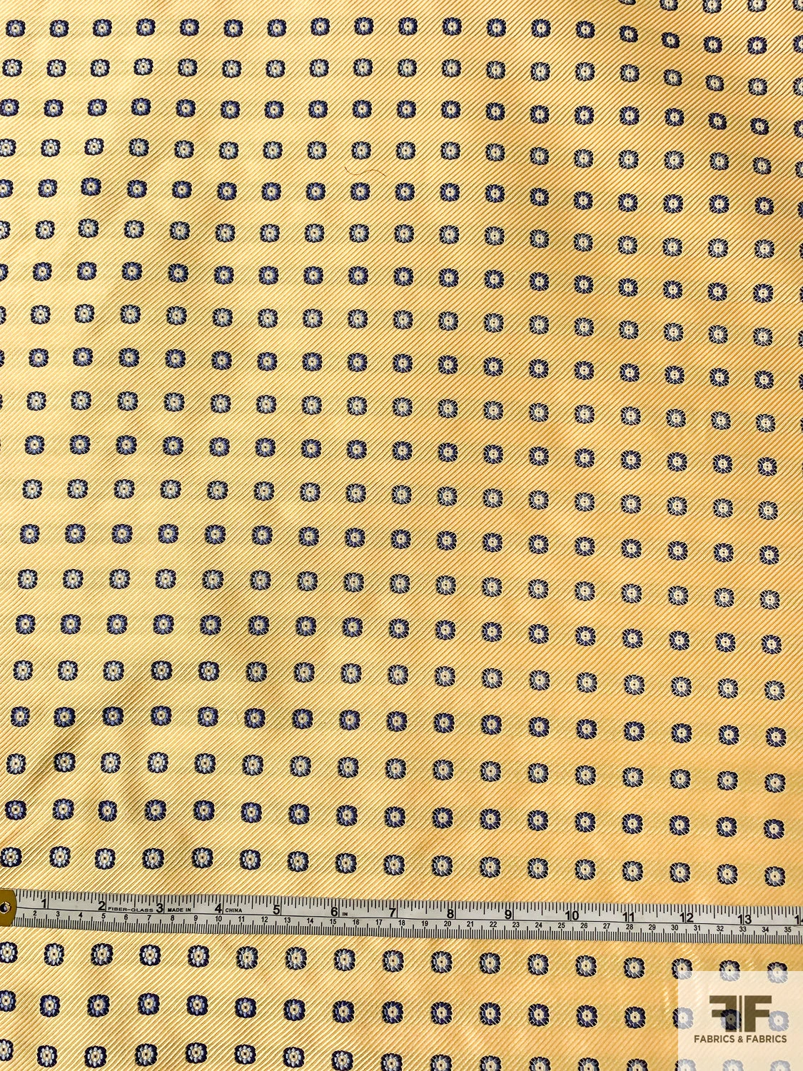 Small Floral Grid Silk Necktie Jacquard Brocade - Yellow / Navy / Blue 7 Small Floral Grid Silk Necktie Jacquard Brocade - Yellow / Navy / Blue - Image 5