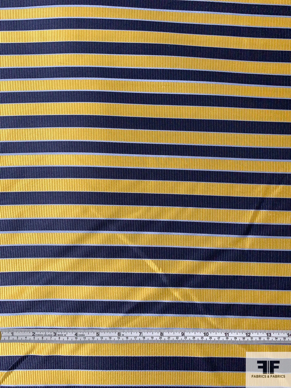 Horizontal Striped Silk Necktie Jacquard Brocade - Yellow-Gold / Navy / Blue 7 Horizontal Striped Silk Necktie Jacquard Brocade - Yellow-Gold / Navy / Blue - Image 5