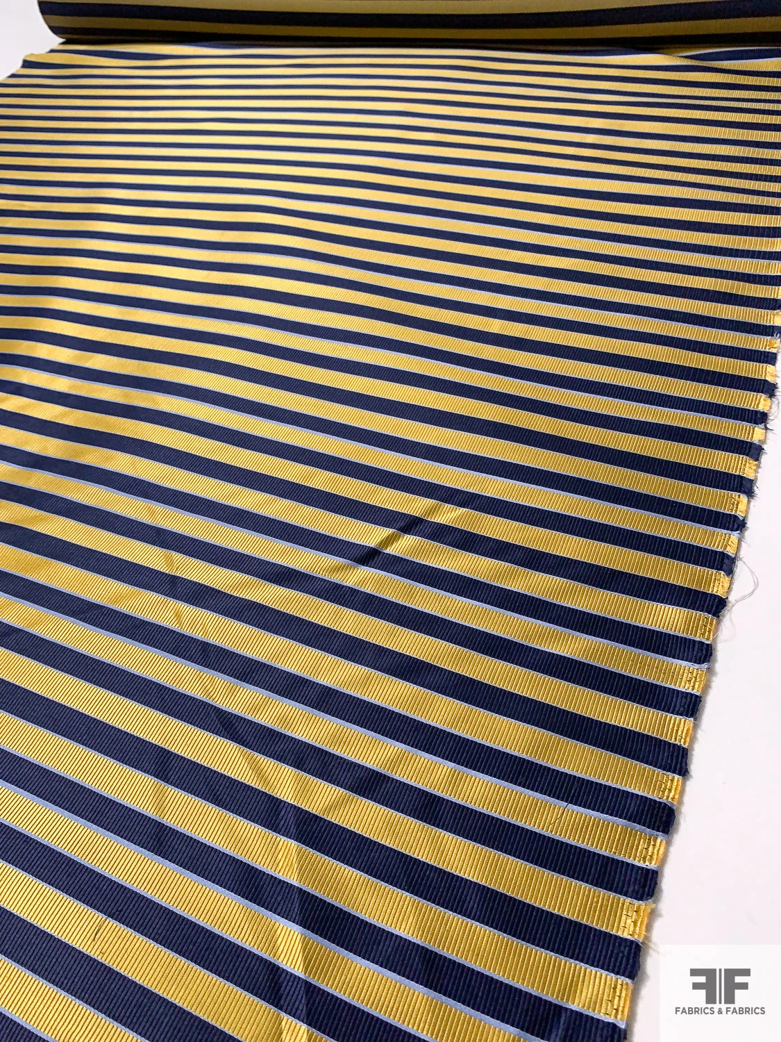 Horizontal Striped Silk Necktie Jacquard Brocade - Yellow-Gold / Navy / Blue 9 Horizontal Striped Silk Necktie Jacquard Brocade - Yellow-Gold / Navy / Blue - Image 7