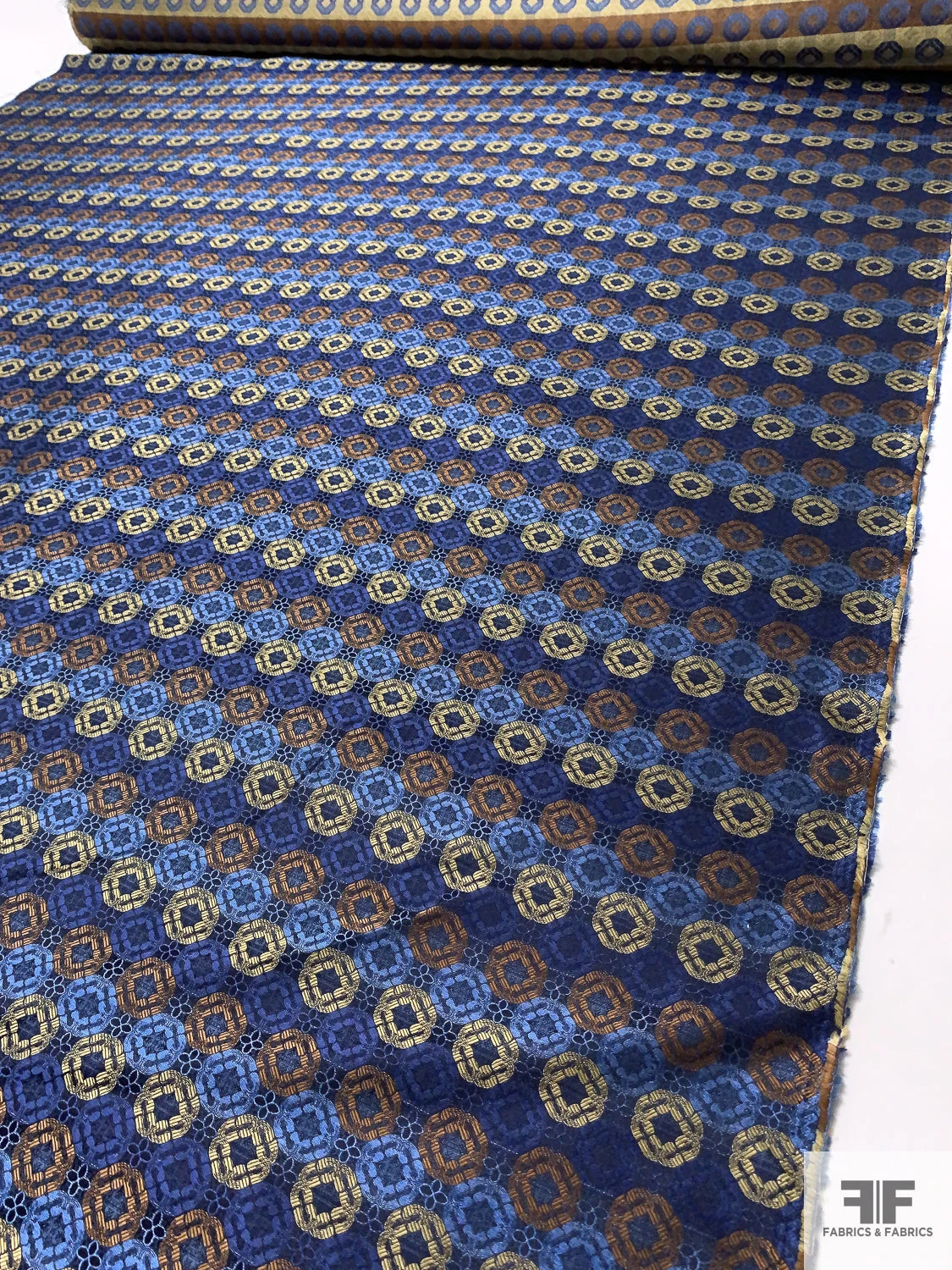 Linked Floral Silk Necktie Jacquard Brocade - Blue / Copper / Antique Yellow 9 Linked Floral Silk Necktie Jacquard Brocade - Blue / Copper / Antique Yellow - Image 7