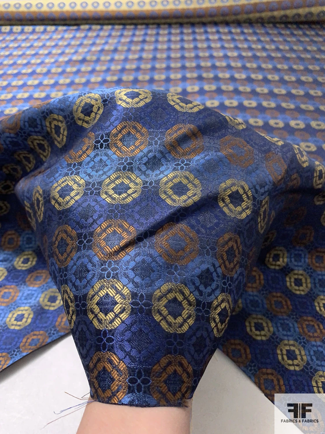 Linked Floral Silk Necktie Jacquard Brocade - Blue / Copper / Antique Yellow 10 Linked Floral Silk Necktie Jacquard Brocade - Blue / Copper / Antique Yellow - Image 8