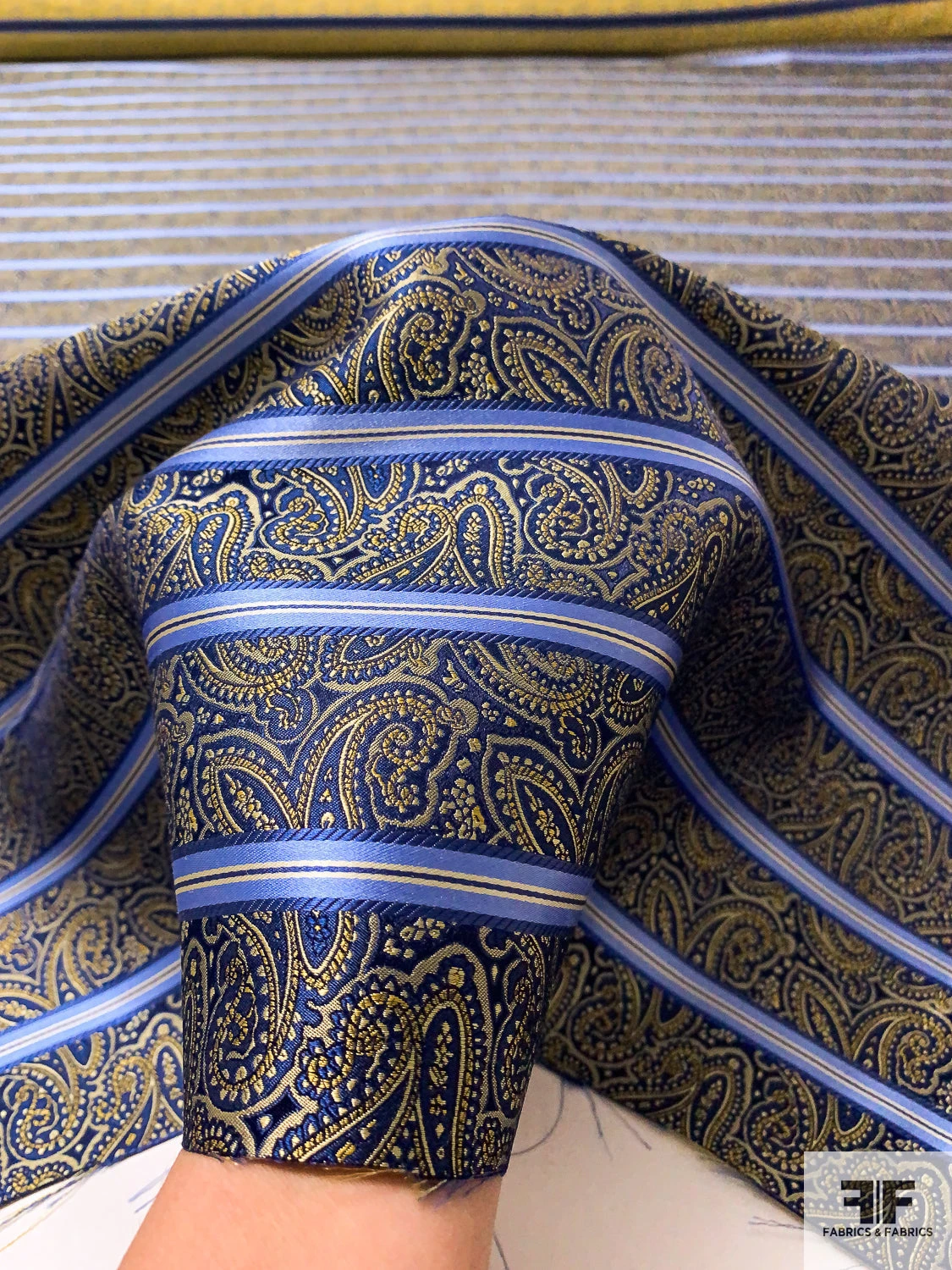Paisley Striped Silk Necktie Jacquard Brocade - Navy / Blue / Yellow / Tan 9 Paisley Striped Silk Necktie Jacquard Brocade - Navy / Blue / Yellow / Tan - Image 7