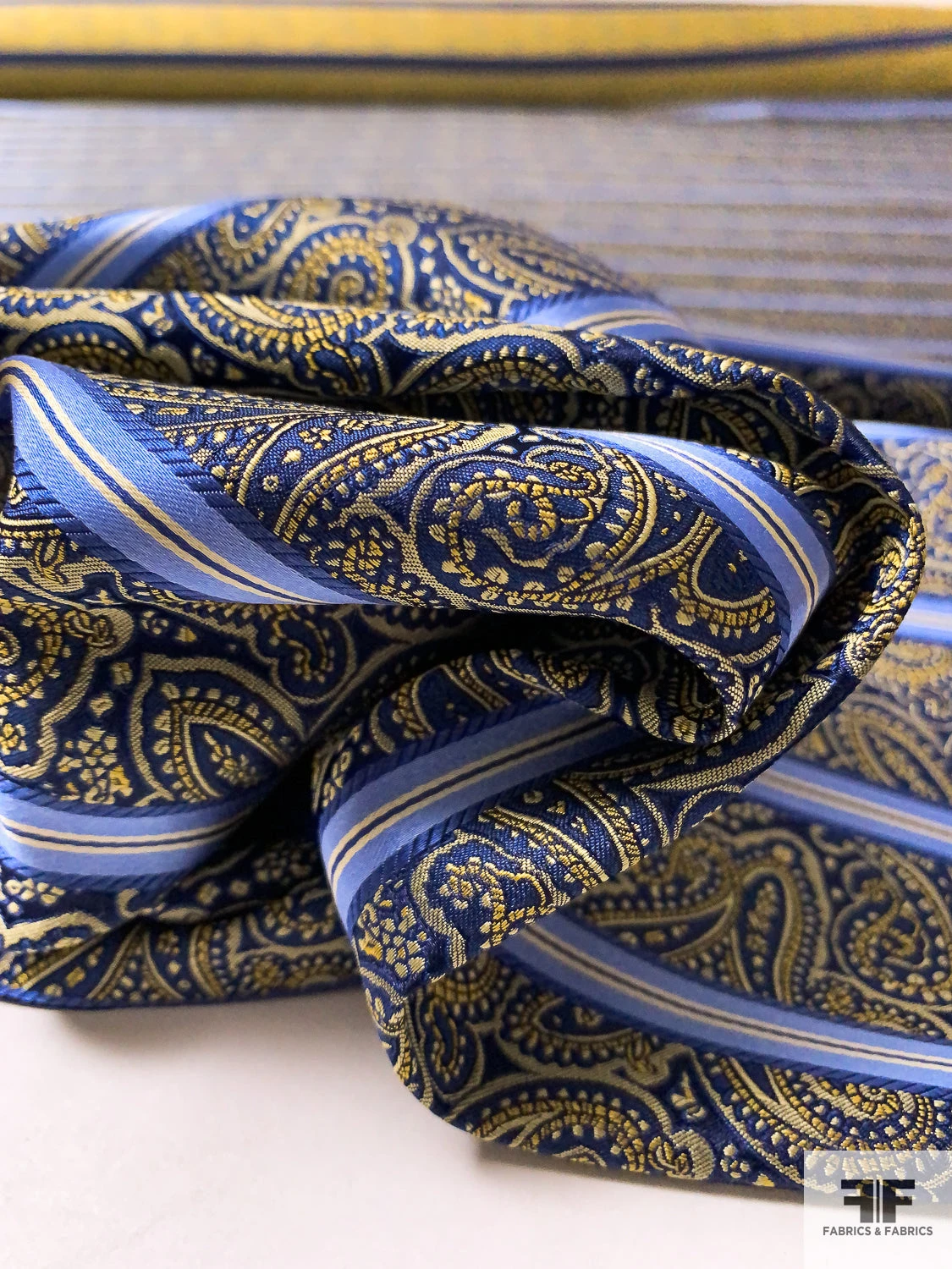 Paisley Striped Silk Necktie Jacquard Brocade - Navy / Blue / Yellow / Tan 10 Paisley Striped Silk Necktie Jacquard Brocade - Navy / Blue / Yellow / Tan - Image 8