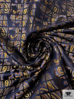 Paisley Grid Silk Necktie Jacquard Brocade - Navy / Ochre / Yellow / Blue