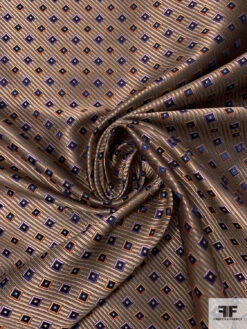 Squares And Diagonal Striped Silk Necktie Jacquard Brocade - Tan / Orange / Navy / Purple -Fabrics And Fabrics Store 15786 2