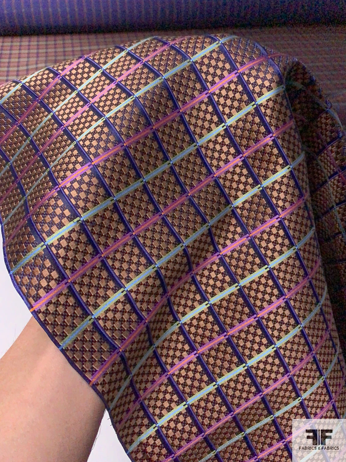 Micro-Checkered Windowpane Silk Necktie Jacquard Brocade - Copper / Navy / Purple / Green 9 Micro-Checkered Windowpane Silk Necktie Jacquard Brocade - Copper / Navy / Purple / Green - Image 7