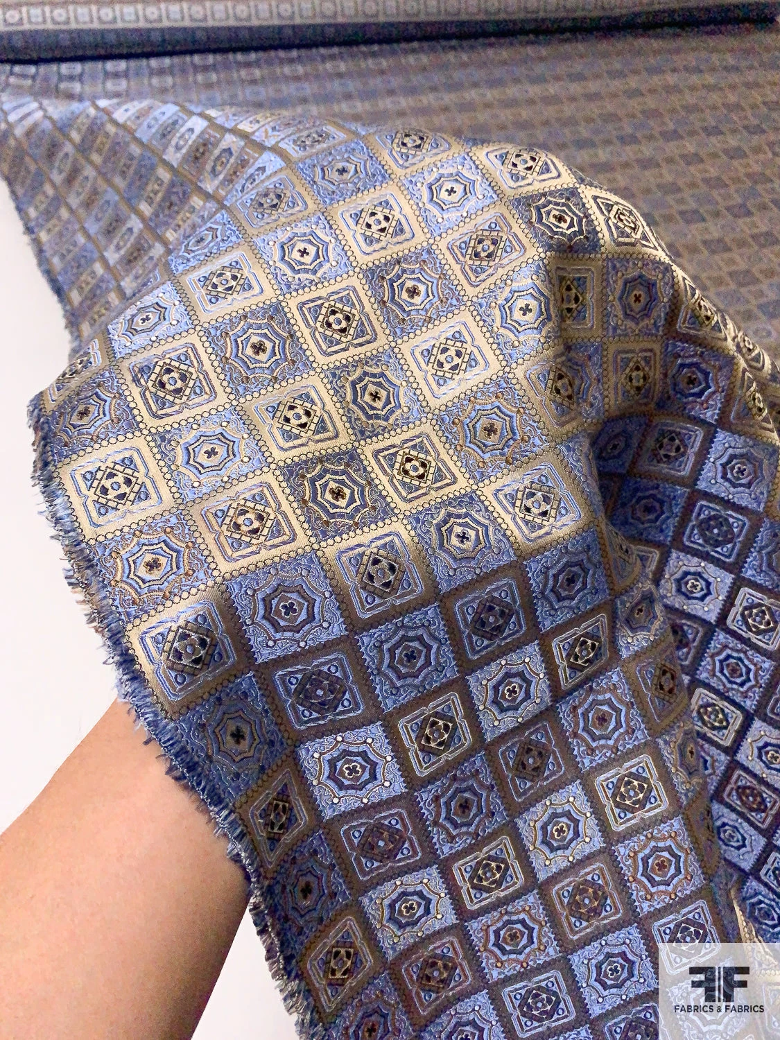 Mosaic Checkered Silk Necktie Jacquard Brocade - Antique Olive / Carolina Blue / Navy 4 Mosaic Checkered Silk Necktie Jacquard Brocade - Antique Olive / Carolina Blue / Navy - Image 2