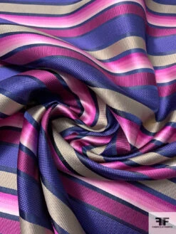 Horizontal Striped Silk Necktie Jacquard Brocade - Magenta / Purple / Navy / Ecru