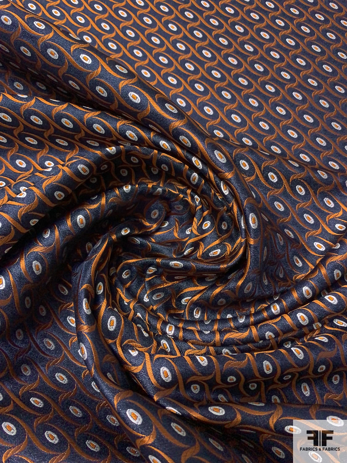 Wavy Oval Silk Necktie Jacquard Brocade - Navy / Orange / White 4 Wavy Oval Silk Necktie Jacquard Brocade - Navy / Orange / White - Image 2