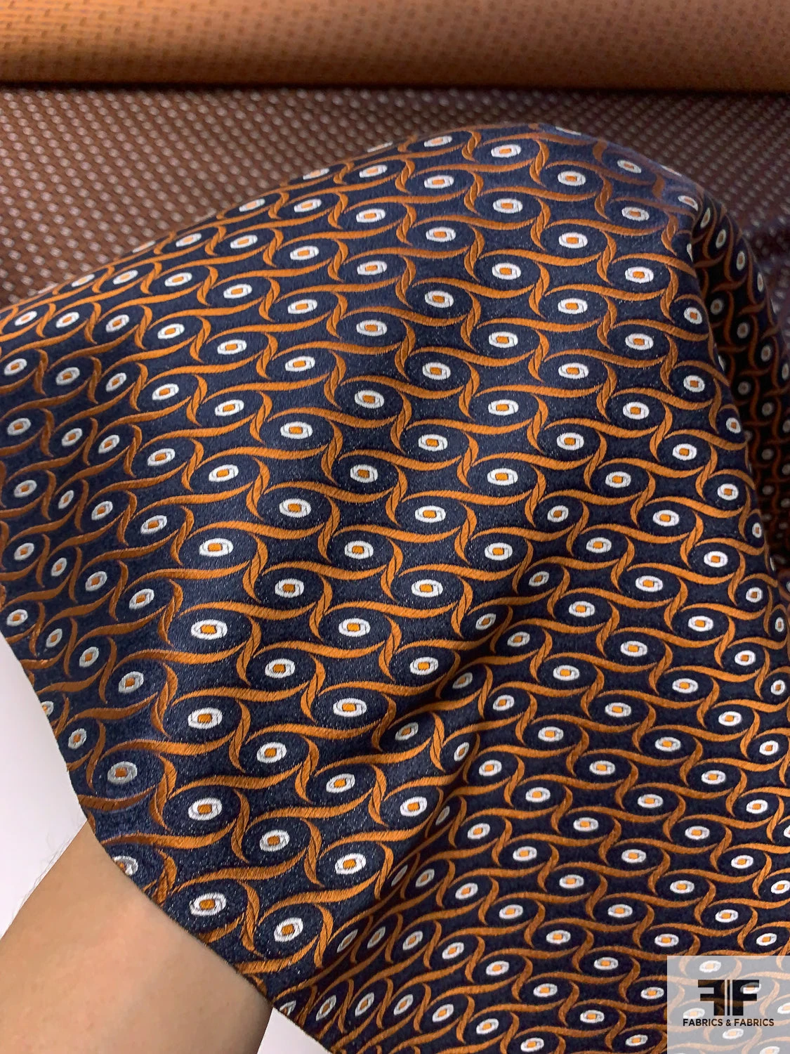 Wavy Oval Silk Necktie Jacquard Brocade - Navy / Orange / White 3 Wavy Oval Silk Necktie Jacquard Brocade - Navy / Orange / White