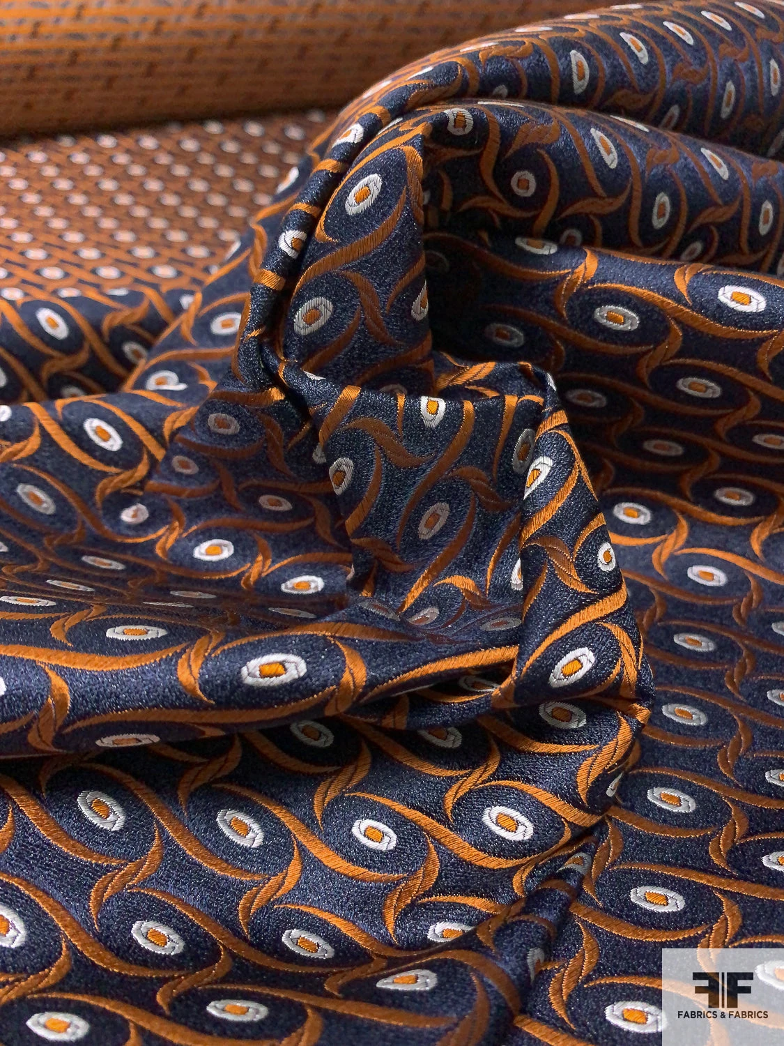 Wavy Oval Silk Necktie Jacquard Brocade - Navy / Orange / White 10 Wavy Oval Silk Necktie Jacquard Brocade - Navy / Orange / White - Image 8