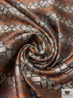 Linked Geometric Silk Necktie Jacquard Brocade - Copper / Ecru / Olive Grey -Fabrics And Fabrics Store 15920 1