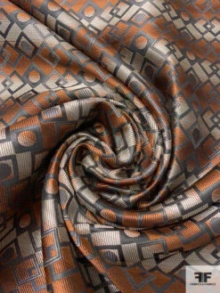 Linked Geometric Silk Necktie Jacquard Brocade - Copper / Ecru / Olive Grey -Fabrics And Fabrics Store 15920 2