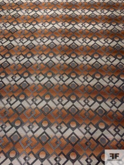 Linked Geometric Silk Necktie Jacquard Brocade - Copper / Ecru / Olive Grey