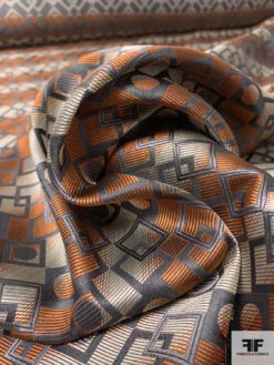Linked Geometric Silk Necktie Jacquard Brocade - Copper / Ecru / Olive Grey -Fabrics And Fabrics Store 15920 8