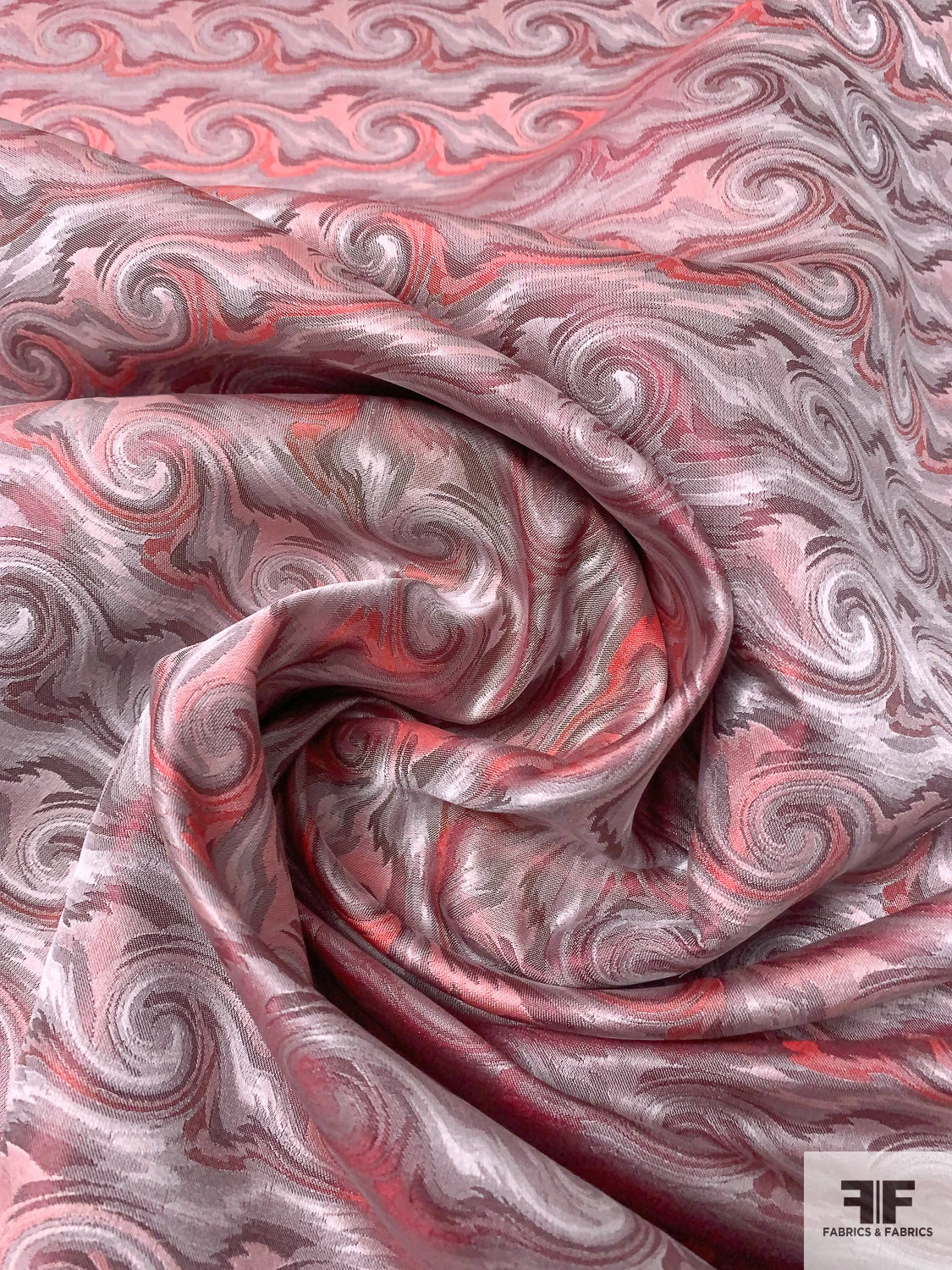 Wave Design Silk Necktie Jacquard Brocade - Strawberry Red / Grey 5 Wave Design Silk Necktie Jacquard Brocade - Strawberry Red / Grey - Image 3