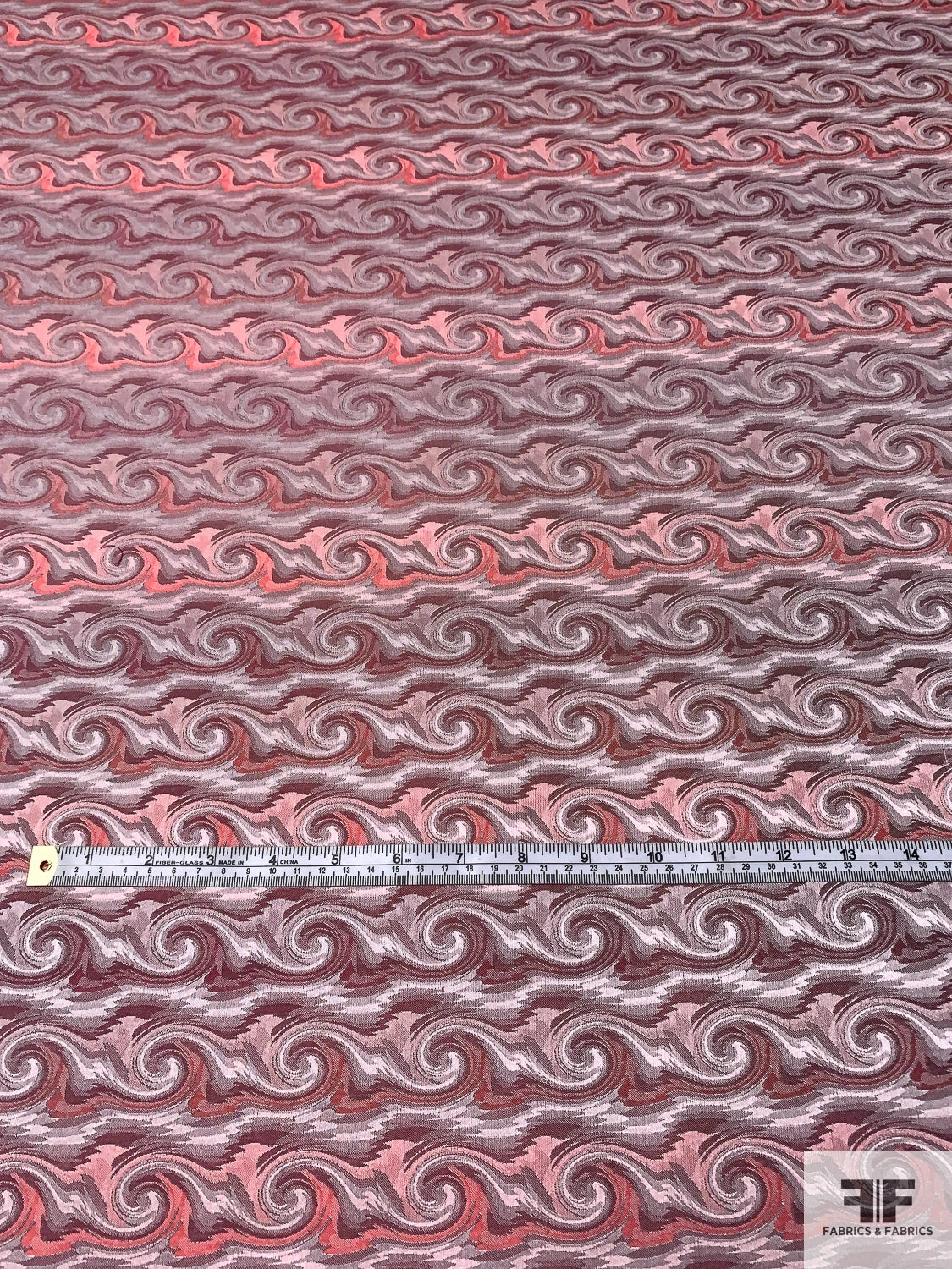 Wave Design Silk Necktie Jacquard Brocade - Strawberry Red / Grey 7 Wave Design Silk Necktie Jacquard Brocade - Strawberry Red / Grey - Image 5