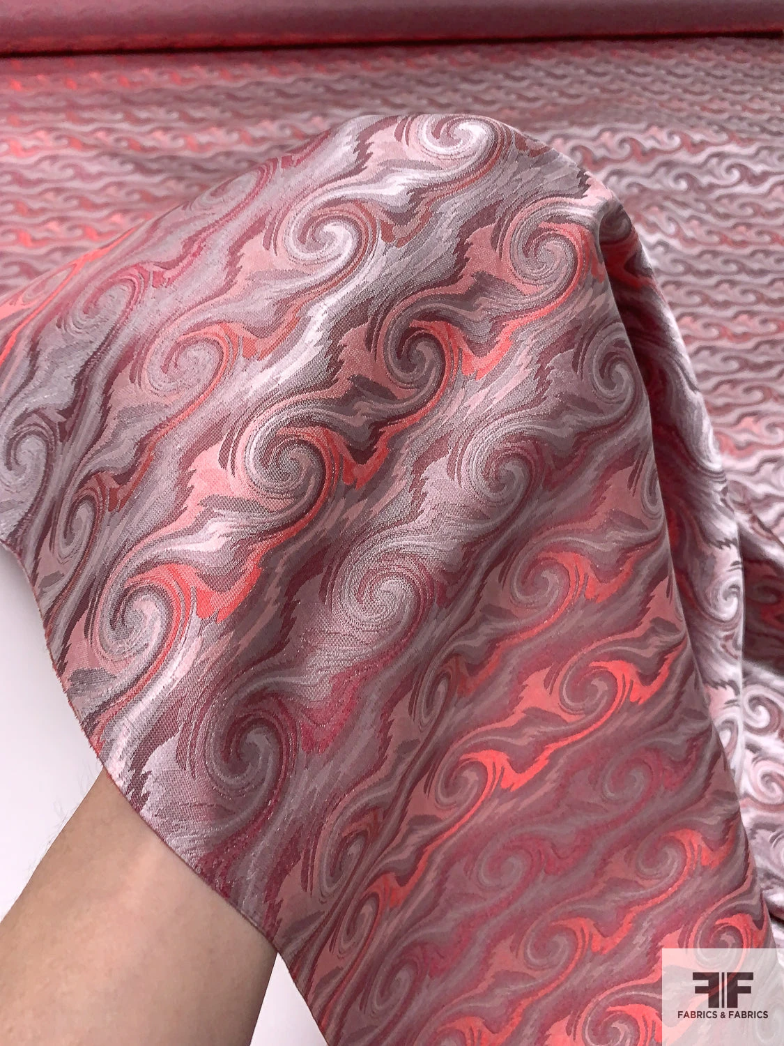 Wave Design Silk Necktie Jacquard Brocade - Strawberry Red / Grey 3 Wave Design Silk Necktie Jacquard Brocade - Strawberry Red / Grey