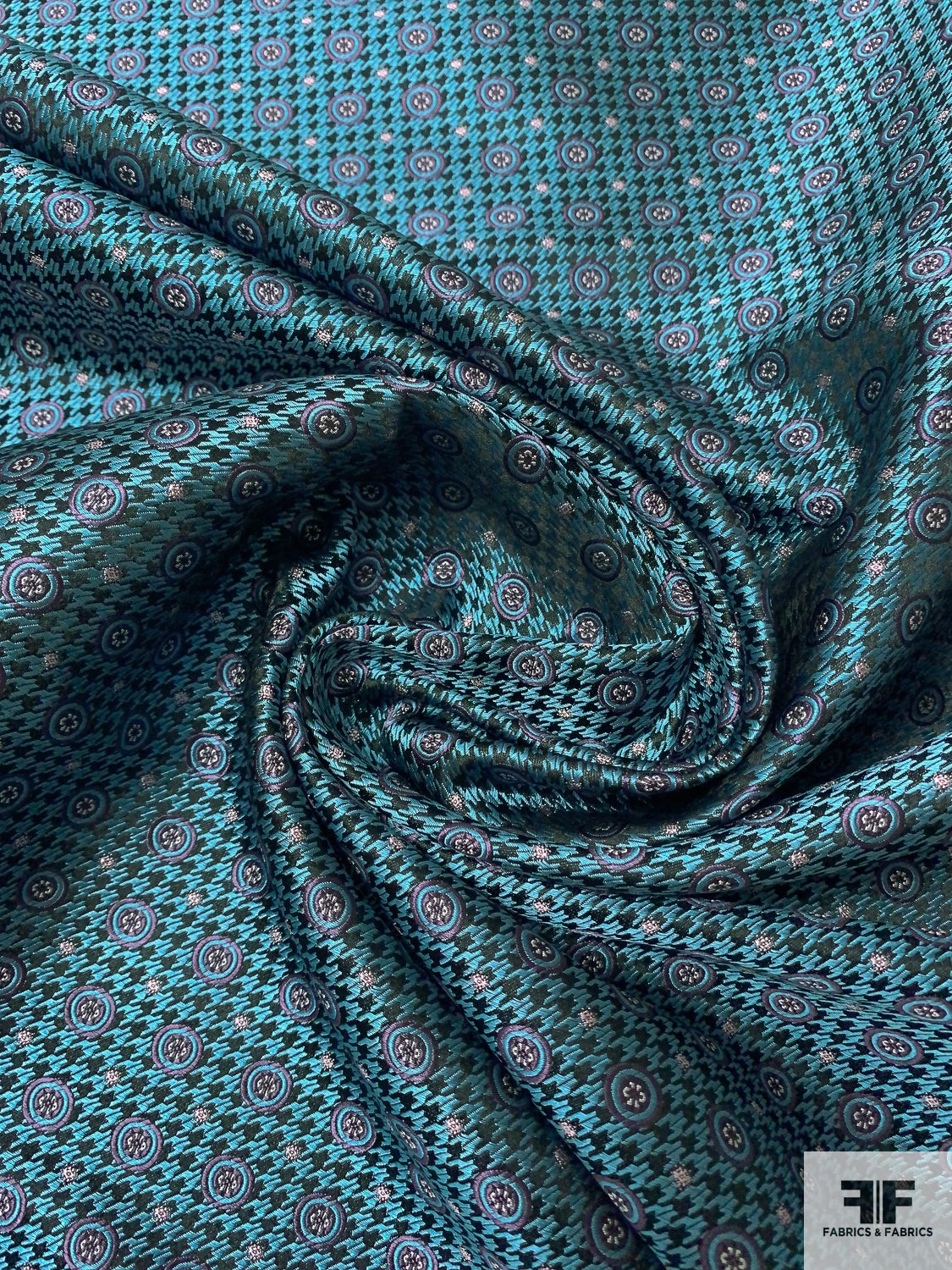 Houndstooth And Circles Silk Necktie Jacquard Brocade - Teal / Black / Purple 3 Houndstooth And Circles Silk Necktie Jacquard Brocade - Teal / Black / Purple