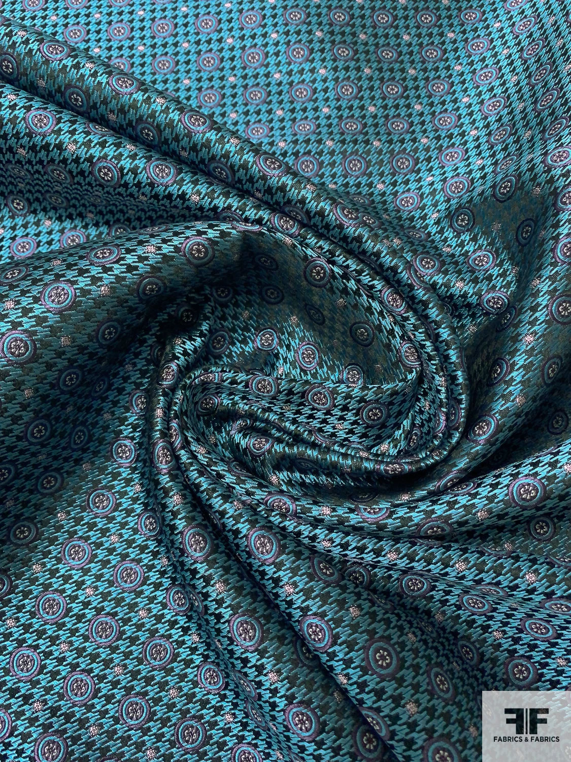 Houndstooth And Circles Silk Necktie Jacquard Brocade - Teal / Black / Purple 5 Houndstooth And Circles Silk Necktie Jacquard Brocade - Teal / Black / Purple - Image 3