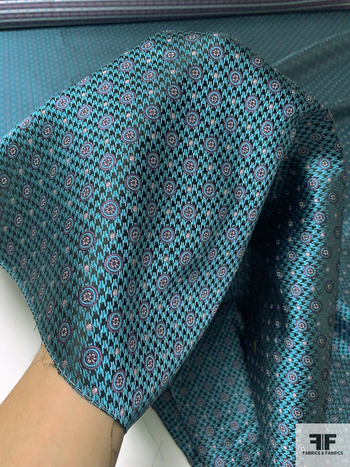Houndstooth And Circles Silk Necktie Jacquard Brocade - Teal / Black / Purple 4 Houndstooth And Circles Silk Necktie Jacquard Brocade - Teal / Black / Purple - Image 2