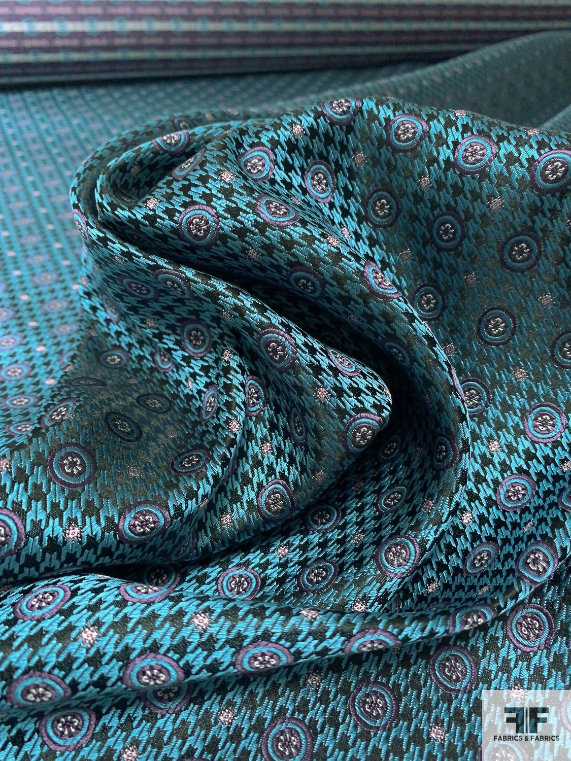 Houndstooth And Circles Silk Necktie Jacquard Brocade - Teal / Black / Purple 10 Houndstooth And Circles Silk Necktie Jacquard Brocade - Teal / Black / Purple - Image 8