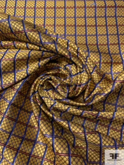 Micro-Checkered Windowpane Silk Necktie Jacquard Brocade - Yellow-Gold / Blue / Navy / Coral