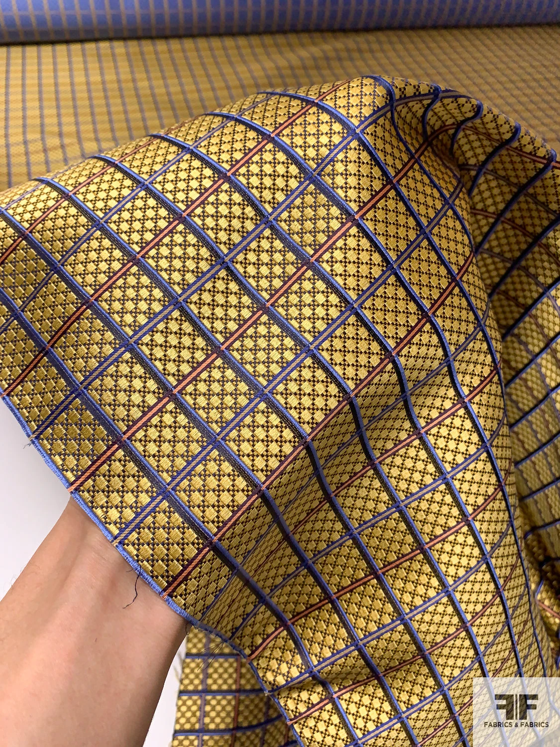 Micro-Checkered Windowpane Silk Necktie Jacquard Brocade - Yellow-Gold / Blue / Navy / Coral 9 Micro-Checkered Windowpane Silk Necktie Jacquard Brocade - Yellow-Gold / Blue / Navy / Coral - Image 7