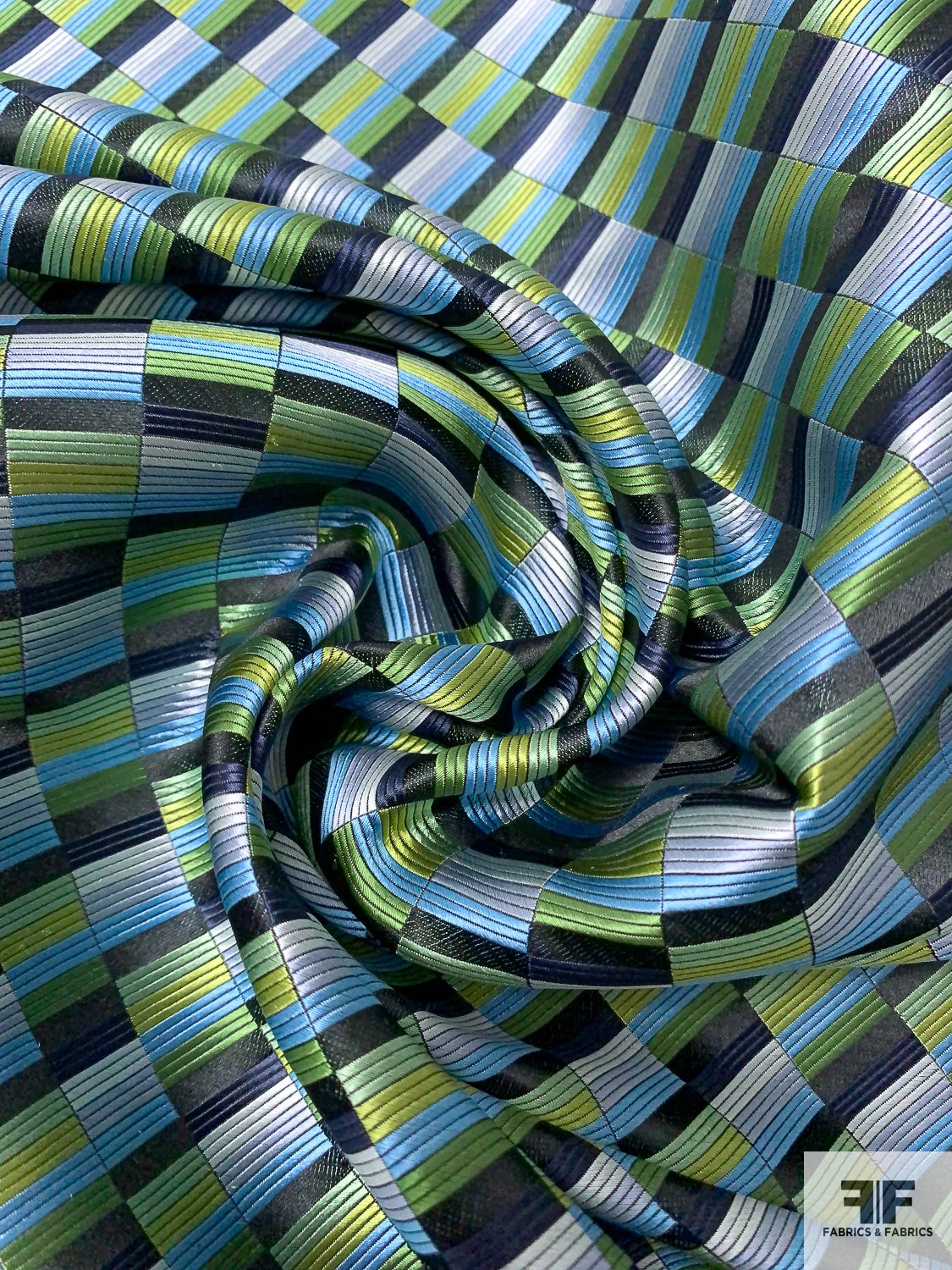 Gradient Squares Silk Necktie Jacquard Brocade - Greens / Navy / Greys 5 Gradient Squares Silk Necktie Jacquard Brocade - Greens / Navy / Greys - Image 3