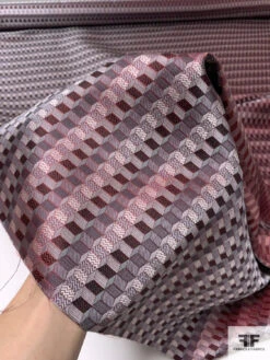 Cube Mosaic Silk Necktie Jacquard Brocade - Maroon / Grey / Black -Fabrics And Fabrics Store 15997 7
