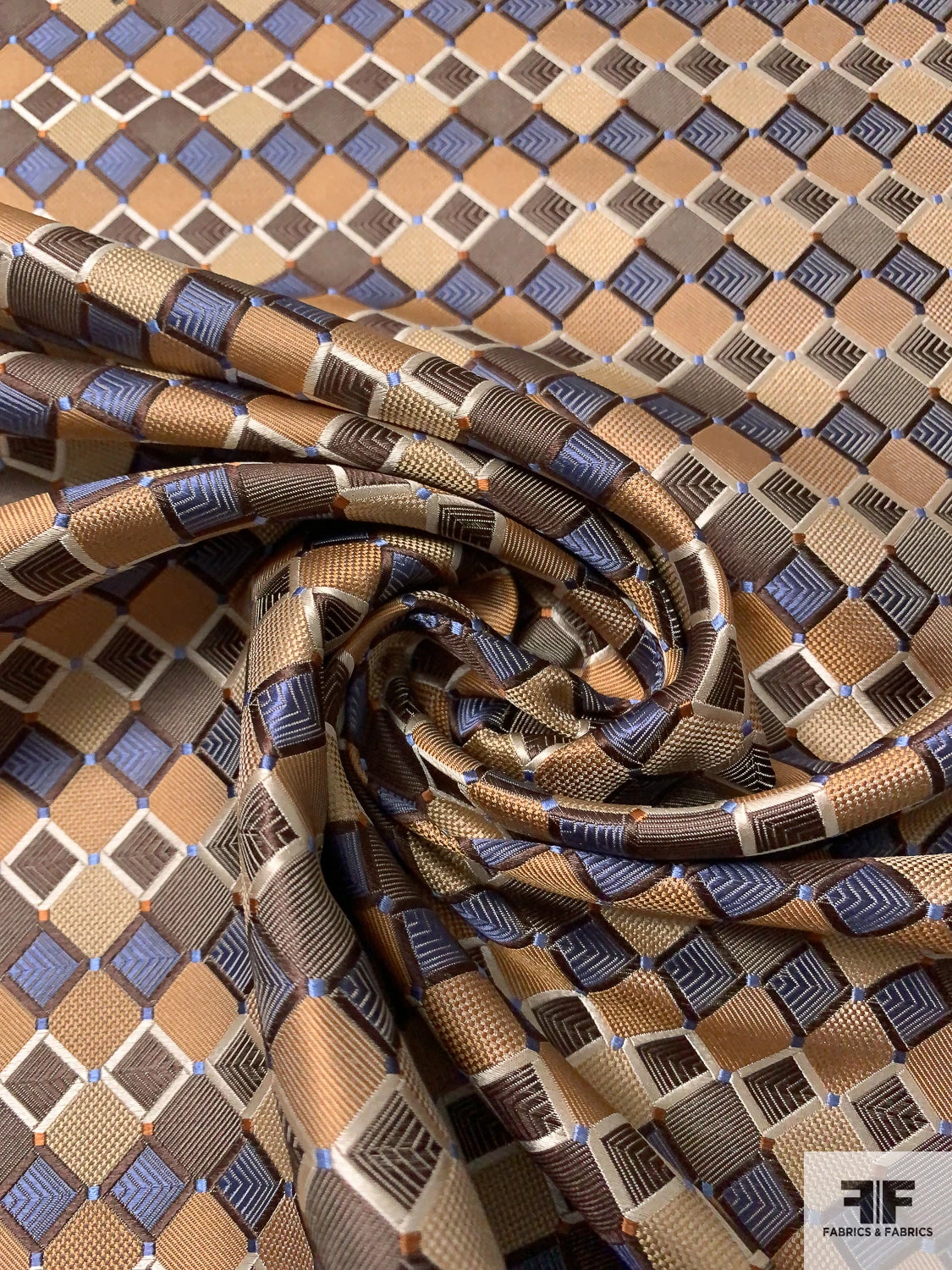 Art Deco Geometric Silk Necktie Jacquard Brocade - Camel / Brown / Tan / Slate Blue 3 Art Deco Geometric Silk Necktie Jacquard Brocade - Camel / Brown / Tan / Slate Blue