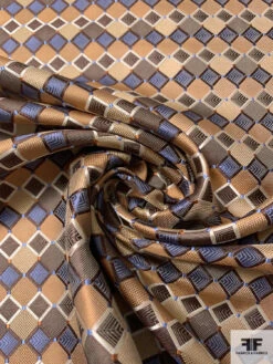 Art Deco Geometric Silk Necktie Jacquard Brocade - Camel / Brown / Tan / Slate Blue 12 Art Deco Geometric Silk Necktie Jacquard Brocade - Camel / Brown / Tan / Slate Blue -Fabrics And Fabrics Store 16001 2