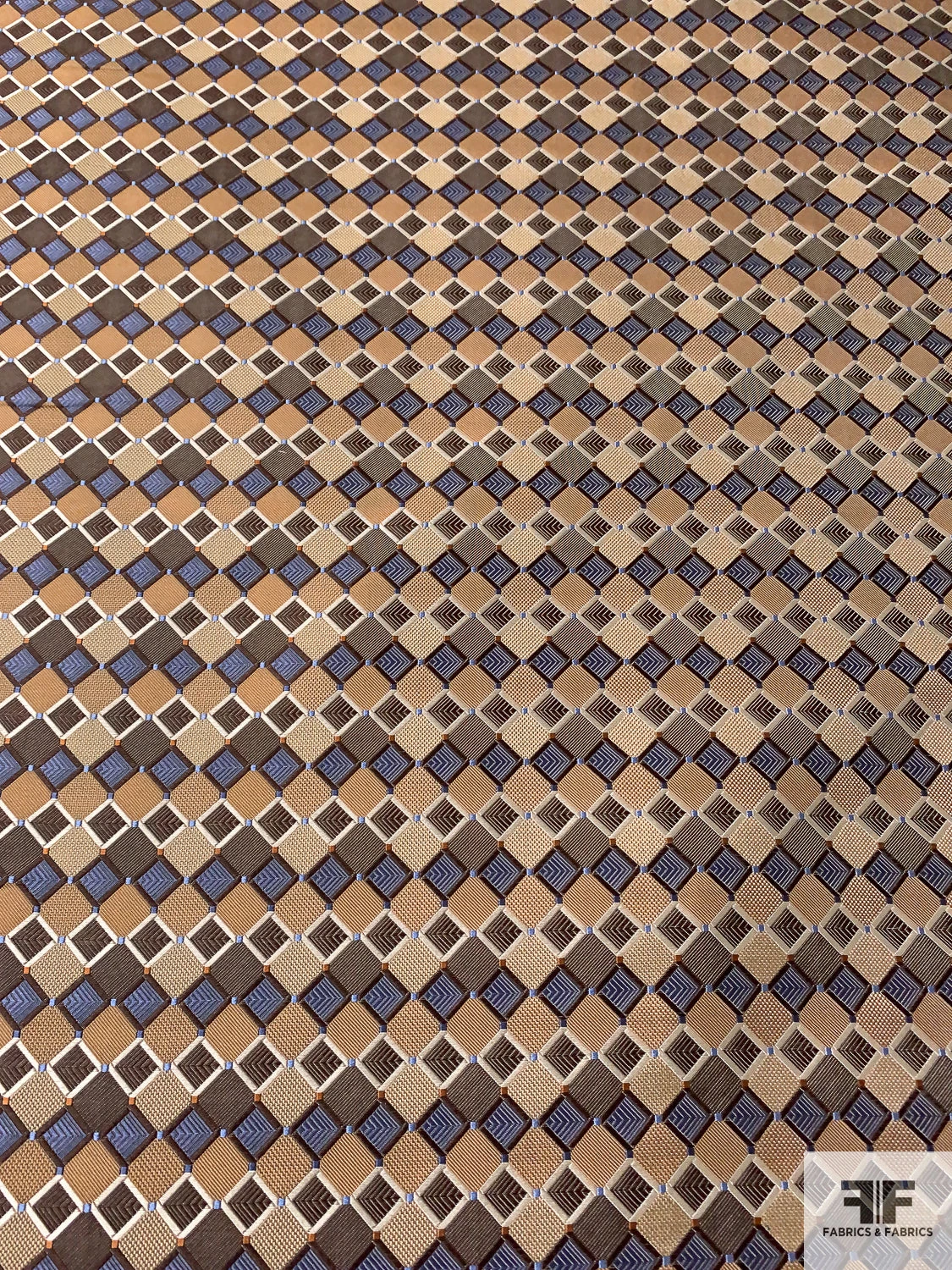 Art Deco Geometric Silk Necktie Jacquard Brocade - Camel / Brown / Tan / Slate Blue 6 Art Deco Geometric Silk Necktie Jacquard Brocade - Camel / Brown / Tan / Slate Blue - Image 4